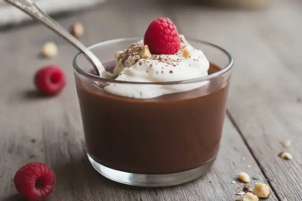 Delizioso budino fatto in casa al cioccolato, guarnito con panna montata, un lampone fresco e nocciole croccanti.