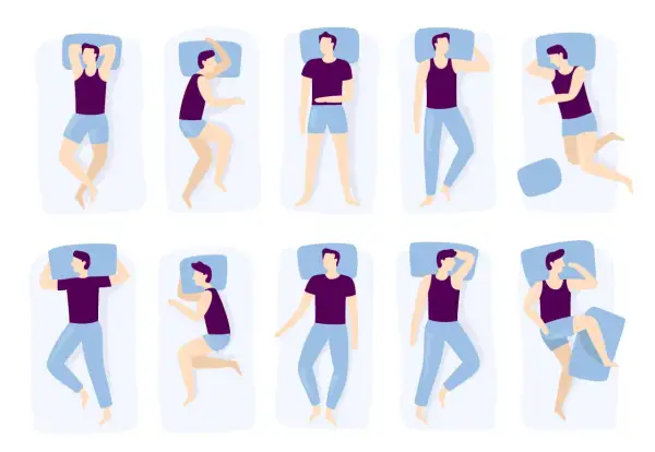 Ten illustrations show different sleeping positions, from fetal curl to starfish.