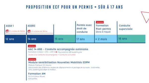 Proposition ECF pour un permis à 17 ans : ASSR, permis, conduite accompagnée, formation post-permis et conduite supervisée.