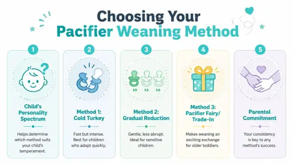 Choosing your pacifier weaning method: Child's personality, cold turkey, gradual reduction, pacifier fairy, and parental commitment are key to avoiding long term effects of pacifier use.