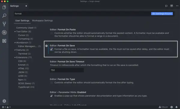 Paramètres VS Code : l'option "Format On Save" est activée, formatant automatiquement le fichier lors de son enregistrement.