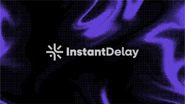 The "InstantDelay" logo appears on a black background with purple pixelated abstract shapes. This visual suggests a focus on minimizing streaming latency.