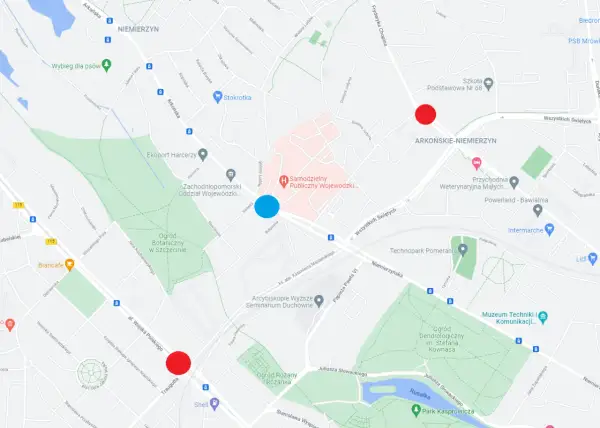 Mapa Szczecina z zaznaczonymi punktami: czerwonymi i niebieskim.