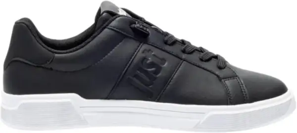 Sneakers cavalli uomo nere in pelle, con logo "Just" in rilievo e suola bianca. Stile casual e moderno.