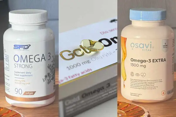 Trzy suplementy diety z kwasami omega-3: SFD Omega 3 Strong, Gold Omega 3 i Osavi Omega-3 EXTRA.