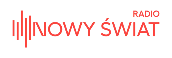 Logo Radia Nowy Świat: czerwone pionowe linie symbolizujące fale dźwiękowe i napis "RADIO NOWY ŚWIAT" w kolorze czerwonym.