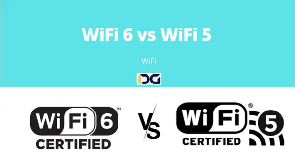 Porównanie WiFi 6 i WiFi 5. Logo WiFi 6 po lewej, WiFi 5 po prawej, z symbolem "vs" pośrodku.