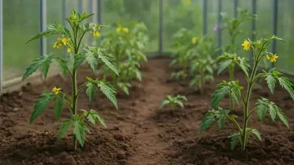 Młoda sadzonka pomidora w szklarni, z pierwszymi żółtymi kwiatami. W tle kolejne rośliny.