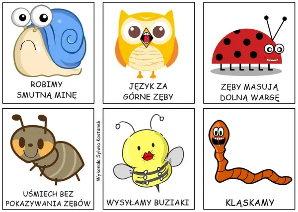 Zestaw logopedyczne prztyczki: ślimak robi smutną minę, sowa pokazuje język za górne zęby, biedronka masuje zęby dolną wargę, mrówka uśmiecha się bez pokazywania zębów, pszczoła wysyła buziaki, dżdżownica klaszcze.