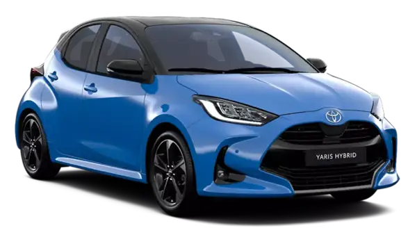 Niebieski Toyota Yaris Hybrid z czarnym dachem. Sprawdź jego kompaktowe toyota yaris wymiary, idealne do miasta.