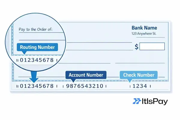 Na czeku widoczny jest numer rozliczeniowy banku (Routing Number) 012345678, numer konta 9876543210 oraz numer czeku 1234.