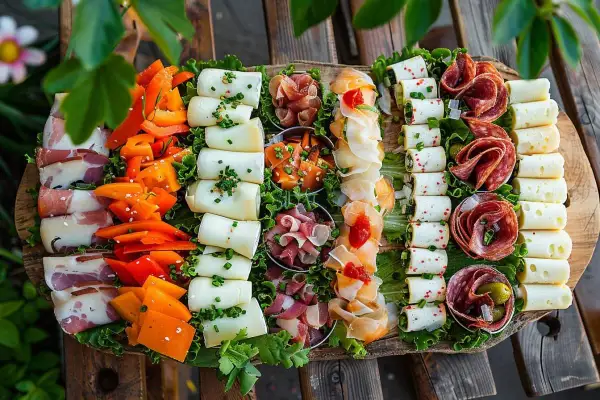 Plateau généreux pour un apéritif provençal : fromages roulés, charcuteries fines, poivrons colorés et olives.