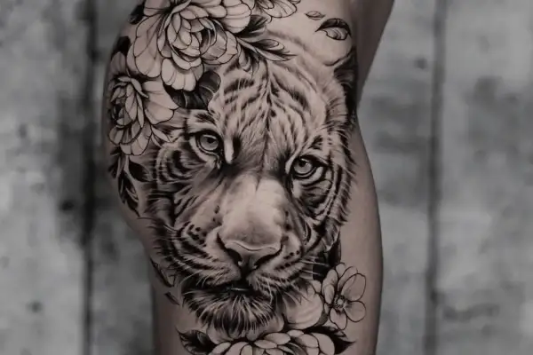 Ein beeindruckendes **ganzer Arm Tattoo Frau**: ein realistischer Tigerkopf umrahmt von üppigen Blumen und Blättern.