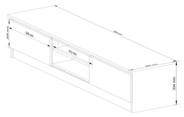 Rysunek techniczny szafki RTV. Wymiary: 1604x400x334 mm. Wysokość szafki RTV to 334 mm.