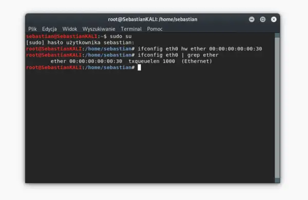 Terminal pokazuje, jak sprawdzić adres MAC karty sieciowej eth0. Komenda `ifconfig eth0 | grep ether` wyświetla adres MAC.