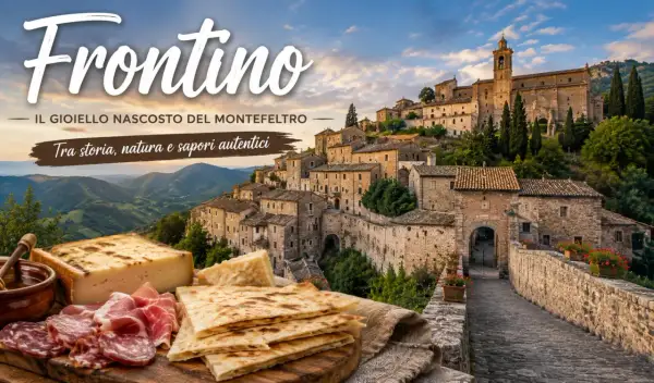 Borgo medievale di Frontino, gioiello nascosto del Montefeltro, con vista su colline verdi e un banchetto di salumi, formaggi e piadine.