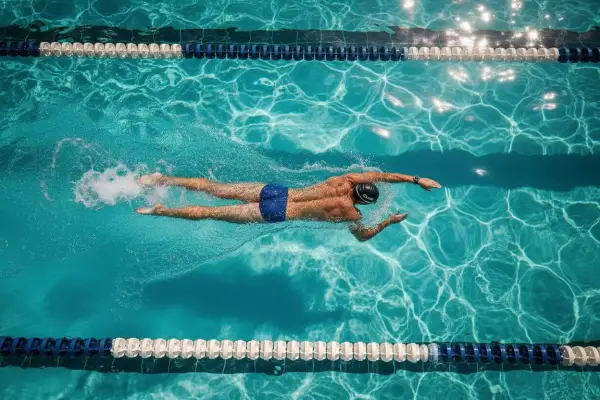A swimmer glides through a pool, executing a perfect stroke as part of their swim workout plan. Sunlight dances on the water's surface.
