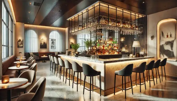 Elegante arredamento ristorante moderno con bancone bar illuminato, sgabelli in pelle e tavolini accoglienti.