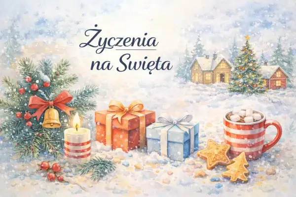 Wesołych Świąt Bożego Narodzenia! Śnieżny krajobraz z choinką, prezentami, świecą i kubkiem gorącej czekolady.
