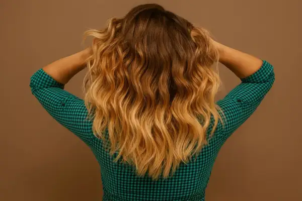 Chevelure blonde aux reflets cuivrés, formant une douce mini vague cheveux.