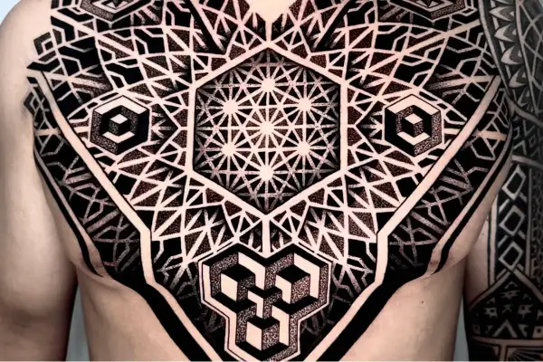 Ein komplexes Tattoo mit geometrischen Mustern bedeckt die Brust und den Arm. Es zeigt verschachtelte Hexagone, Würfel und stilisierte Dreiecke.