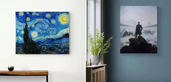 Reprodukcja "Gwiaździstej nocy" Van Gogha i obraz mężczyzny na skale na tle mglistych gór.