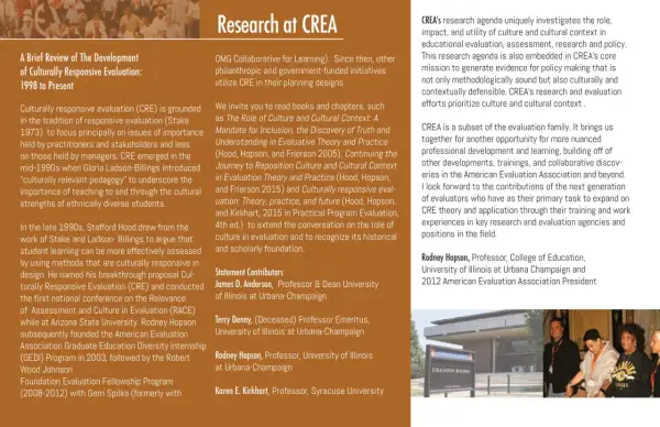 CREA's research agenda explores culturally responsive evaluation, a key area within their art programs.