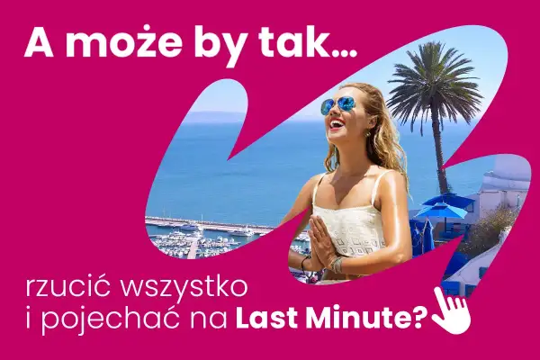 Kobieta w okularach przeciwsłonecznych z rękami złożonymi do modlitwy, na tle morza i portu. "A może by tak rzucić wszystko i pojechać na Last Minute?" - idealna okazja na super last minute Egipt.