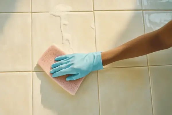 Main tenant, une main gantée de bleu frotte le carrelage de la salle de bain avec une éponge rose, faisant mousser le produit nettoyant.