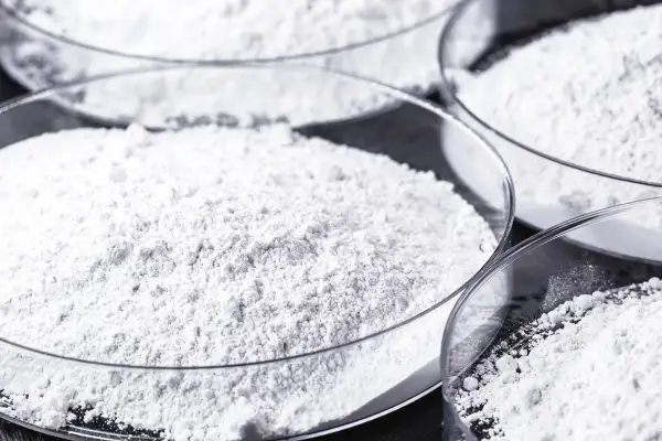 Polveri bianche in capsule di vetro. Il calcio carbonato a cosa serve? È un ingrediente comune in molti prodotti, dall'edilizia alla farmaceutica.