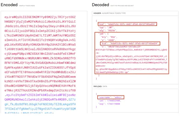 Un jeton JWT décodé montre un en-tête avec des informations sur l'algorithme et le type de jeton, ainsi qu'une charge utile contenant des données utilisateur.