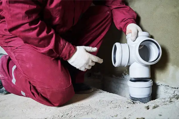 Instalator w czerwonym kombinezonie montuje białe rury kanalizacyjne. To kluczowy etap instalacji, który zapewni prawidłowe odprowadzanie popłuczyn ze zmiękczacza wody.