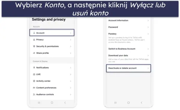 Instrukcja jak usunąć konto na TikToku: wybierz "Konto", a następnie "Deactivate or delete account".