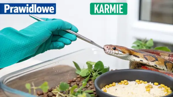 Wąż zbożowy karmiony z pęsety w terrarium. Prawidłowe karmienie to klucz do zdrowia gada.