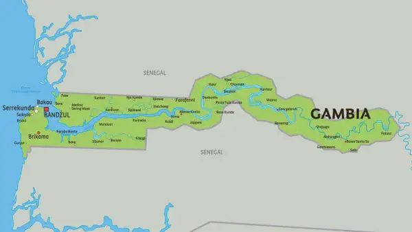 Mapa Gambii z zaznaczonymi miastami i rzeką. Wskazane miejsca, gdzie mogą być prowadzone gambia szczepienia.