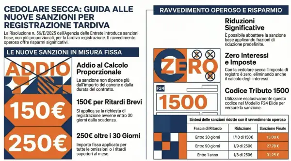 Guida alle nuove sanzioni per registrazione tardiva oltre 5 anni: addio calcolo proporzionale, sanzioni fisse da 150€ e 250€. Ravvedimento operoso riduce le sanzioni.