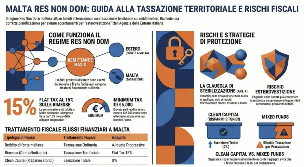 Guida al regime Res Non Dom maltese: tassazione territoriale, flat tax 15% sulle rimesse e rischio esterovestizione. La **malta reoplastica** è un concetto chiave per la pianificazione fiscale.