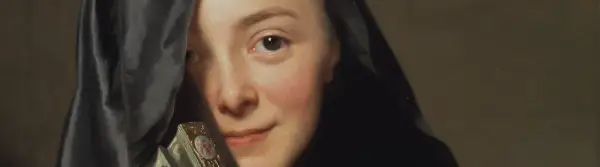 En målning av Sofia Magdalena med en svart slöja och en utsmyckad fläkt.
