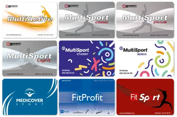 Karty Benefit Systems: MultiActive, MultiSport Classic, Plus, Light, Student, Senior. Także Medicover Sport, FitProfit, Fit Sport. Różne wejścia.