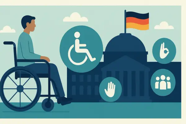 Mann im Rollstuhl vor einem Gebäude mit deutscher Flagge. Symbole für Barrierefreiheit und Gemeinschaft stehen für die Rechte **behinderter in Deutschland**.