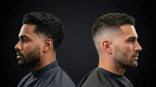 Deux hommes, deux styles de coupe homme nom. L'un avec une barbe fournie et des cheveux texturés, l'autre avec un dégradé net et une barbe courte.