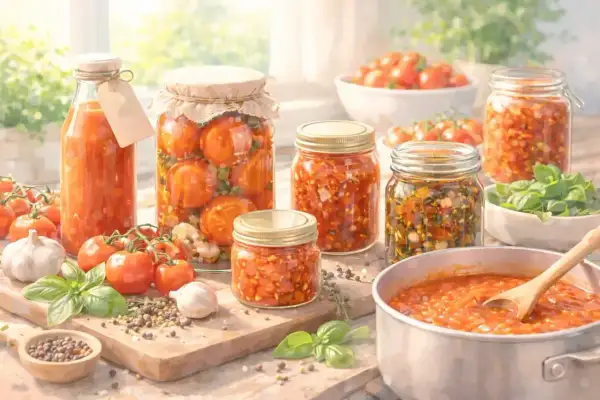 Eingemachtes Gemüse und Tomaten in Gläsern, bereit für die Lagerung. Ein Topf mit Tomatensauce deutet auf einen möglichen Fehler beim Einkochen hin.
