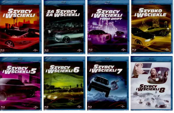 Kolekcja filmów Szybcy i wściekli na Blu-ray: od klasyków z samochodami po epickie pościgi.