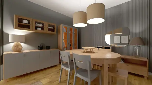 Nowoczesny salon z jadalnią: drewniany stół, szare krzesła, komody i wiszące szafki. Gotowe projekty salonu inspirują do stworzenia przytulnej przestrzeni.