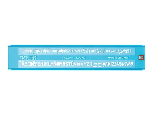 Gabarit Staedtler pour décorer une lettre avec des lettres majuscules, minuscules, chiffres et symboles.