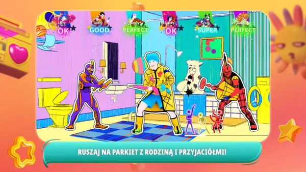 Kolorowi tancerze w kreskówkowym stylu tańczą w łazience, z ocenami "OK", "GOOD", "PERFECT", "SUPER".
