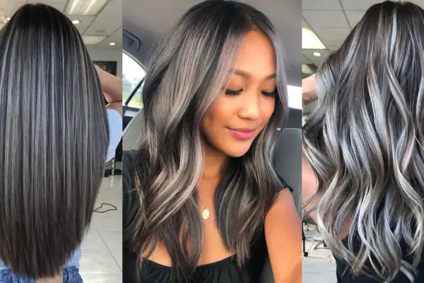 Mechas plateadas y grises para disimular canas, creando un look moderno y natural en diferentes estilos de cabello.