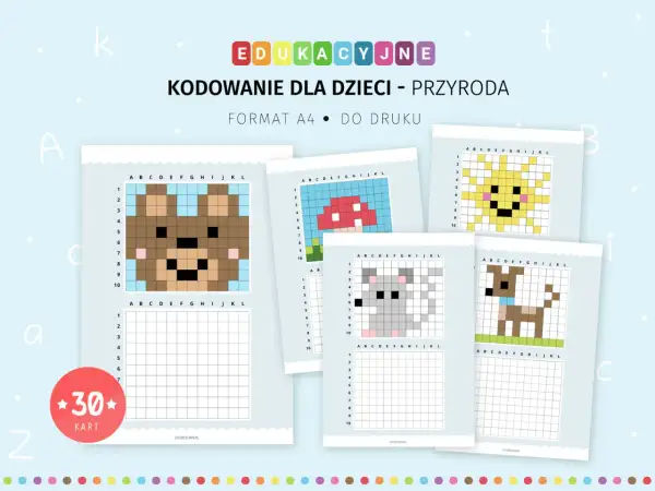 Zestaw kart do kodowania do wydruku z motywami przyrodniczymi: miś, grzyb, słońce, myszka, piesek. Idealne do nauki przez zabawę.