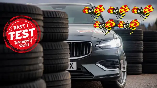 Bästa i test: Bilar med låg ljudnivå testas. Fyra glada bin flyger runt en bil, omgiven av däck.