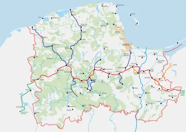 Mapa przedstawia sieć **tras rowerowych Pomorze**, łączących m.in. Gdańsk, Słupsk, Lębork i Chojnice.